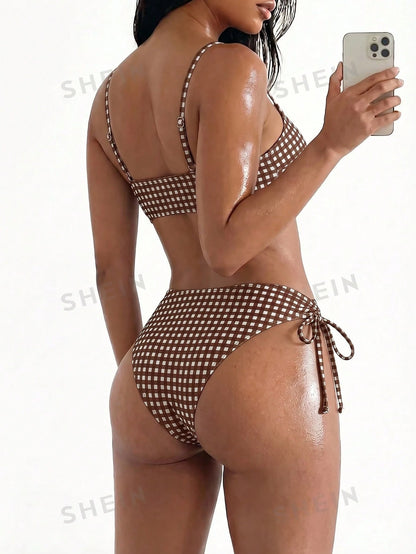 Sunnyshic Fashion Basic Polka Dot Tie-Up Women's Summer Swimsuit 2 Pieces Set
