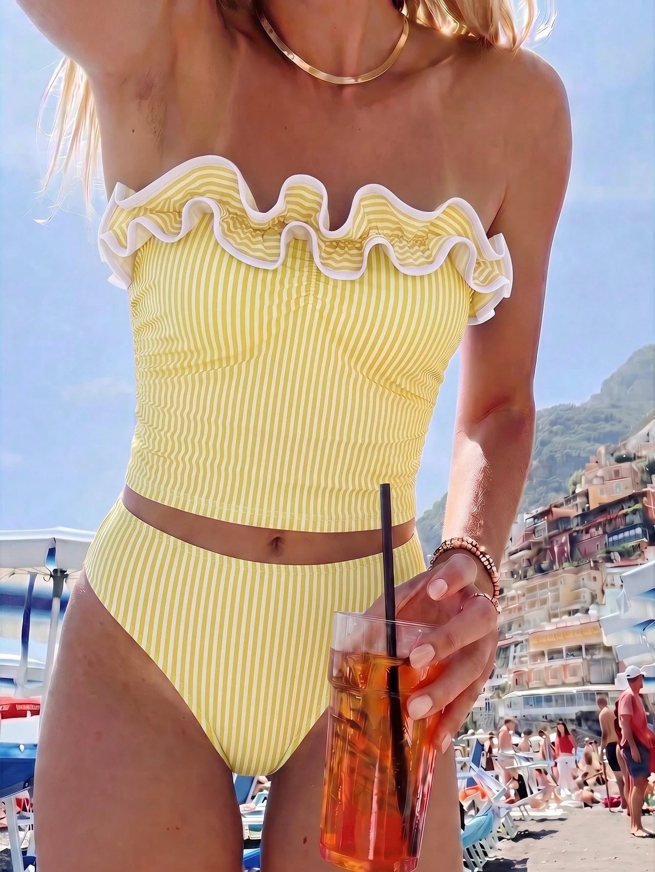 Sunnyshic New Summer Women's Bandeau Top With Ruffle Trim And Detachable Straps, Sexy Waist-Cinching Design, Paired With Shorts, Blue And White Striped Print, Fresh And Cute, Great For Travel, Vacatio