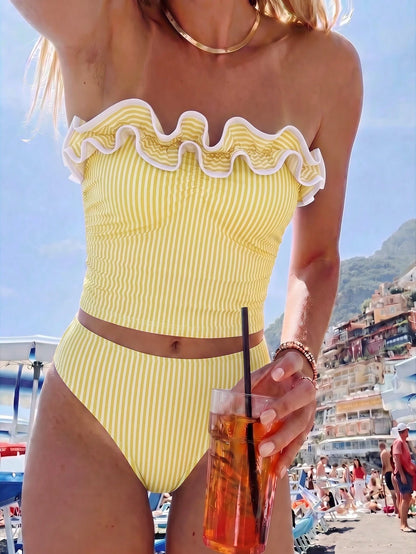 Sunnyshic New Summer Women's Bandeau Top With Ruffle Trim And Detachable Straps, Sexy Waist-Cinching Design, Paired With Shorts, Blue And White Striped Print, Fresh And Cute, Great For Travel, Vacatio