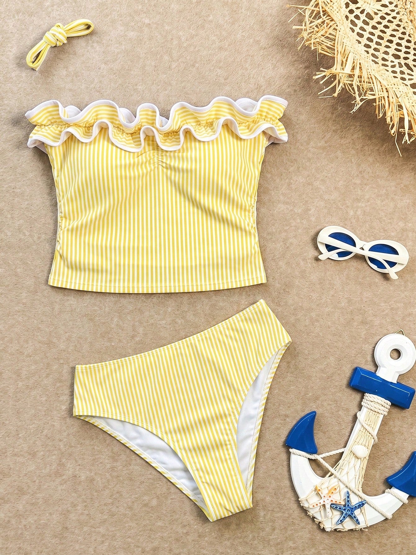 Sunnyshic New Summer Women's Bandeau Top With Ruffle Trim And Detachable Straps, Sexy Waist-Cinching Design, Paired With Shorts, Blue And White Striped Print, Fresh And Cute, Great For Travel, Vacatio