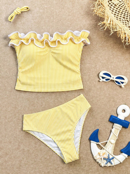 Sunnyshic New Summer Women's Bandeau Top With Ruffle Trim And Detachable Straps, Sexy Waist-Cinching Design, Paired With Shorts, Blue And White Striped Print, Fresh And Cute, Great For Travel, Vacatio