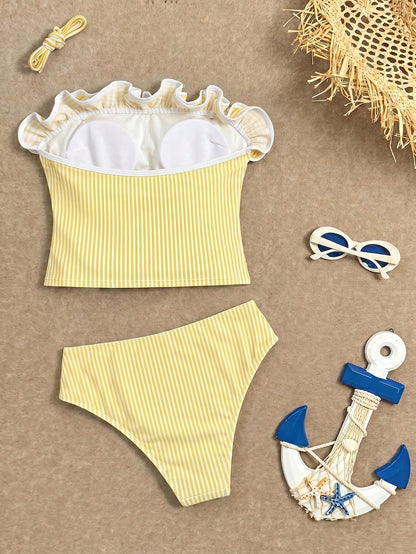 Sunnyshic New Summer Women's Bandeau Top With Ruffle Trim And Detachable Straps, Sexy Waist-Cinching Design, Paired With Shorts, Blue And White Striped Print, Fresh And Cute, Great For Travel, Vacatio