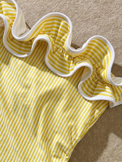 Sunnyshic New Summer Women's Bandeau Top With Ruffle Trim And Detachable Straps, Sexy Waist-Cinching Design, Paired With Shorts, Blue And White Striped Print, Fresh And Cute, Great For Travel, Vacatio