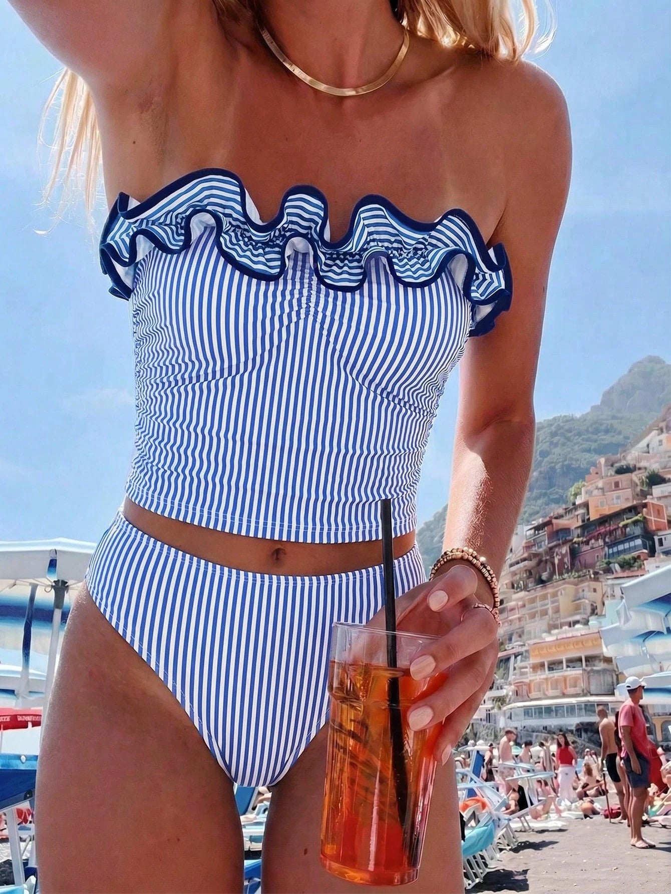 Sunnyshic New Summer Women's Bandeau Top With Ruffle Trim And Detachable Straps, Sexy Waist-Cinching Design, Paired With Shorts, Blue And White Striped Print, Fresh And Cute, Great For Travel, Vacatio