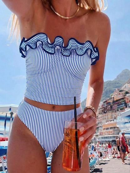 Sunnyshic New Summer Women's Bandeau Top With Ruffle Trim And Detachable Straps, Sexy Waist-Cinching Design, Paired With Shorts, Blue And White Striped Print, Fresh And Cute, Great For Travel, Vacatio