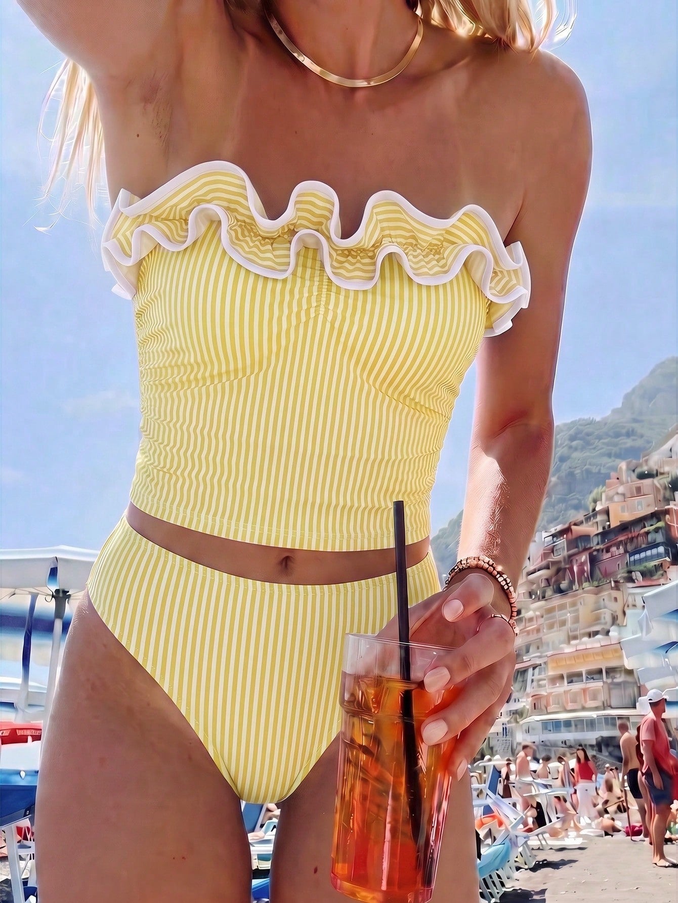Sunnyshic New Summer Women's Bandeau Top With Ruffle Trim And Detachable Straps, Sexy Waist-Cinching Design, Paired With Shorts, Blue And White Striped Print, Fresh And Cute, Great For Travel, Vacatio