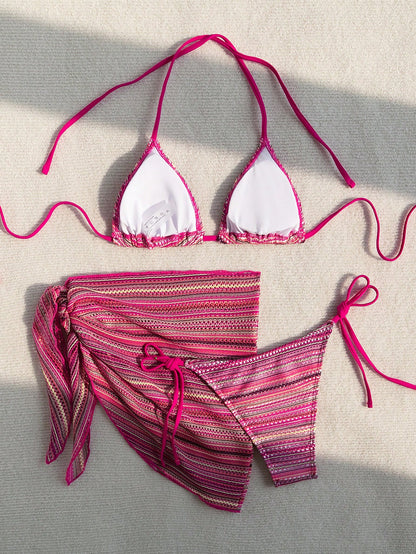 Sunnyshic Summer Beach Women's Bohemian Style Vacation Bikini Set, 3pcs, Resort Wear