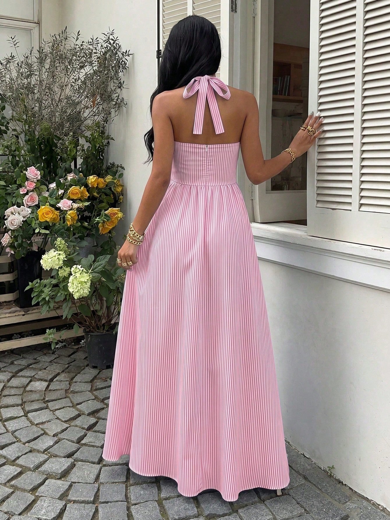 Sunnyshic Women's Blue And White Striped Bandeau Strapless Tie Backless A-Line Simple Elegant Casual Vacation Sexy European And American Style Long Dress