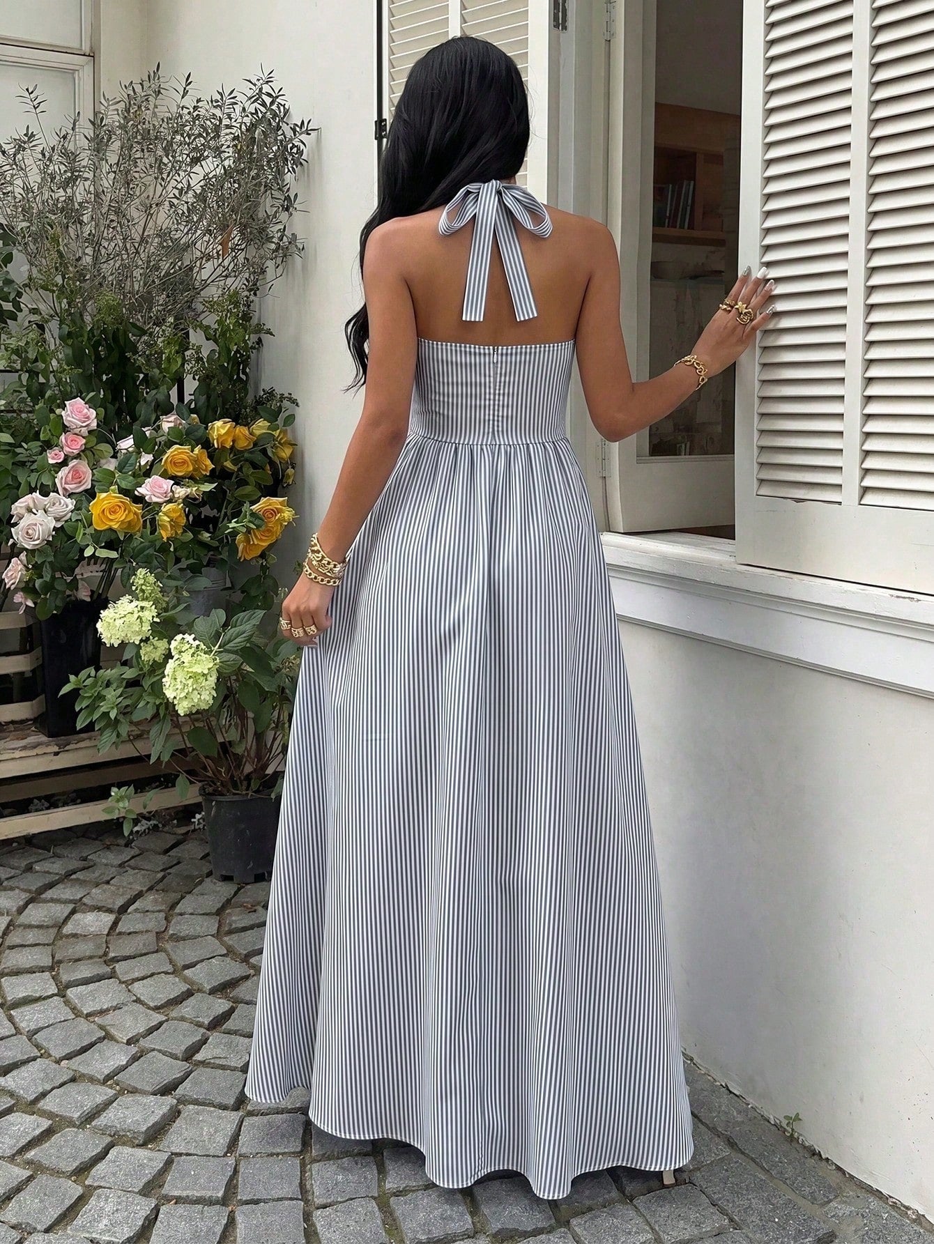 Sunnyshic Women's Blue And White Striped Bandeau Strapless Tie Backless A-Line Simple Elegant Casual Vacation Sexy European And American Style Long Dress