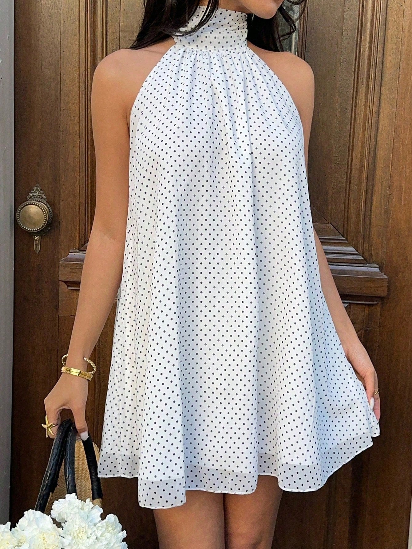 Sunnyshic Women's Chiffon Polka Dot Halter Backless Loose A-Line Mini Dress