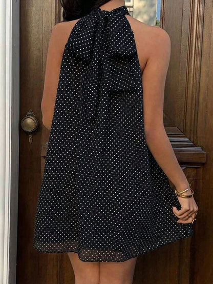 Sunnyshic Women's Chiffon Polka Dot Halter Backless Loose A-Line Mini Dress