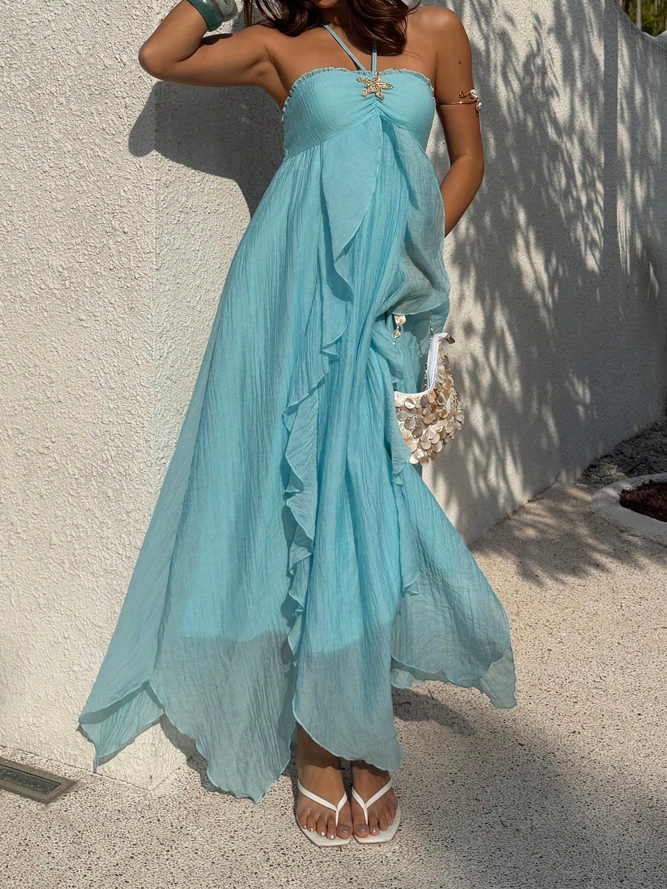 Sunnyshic Women's Light Blue Summer Casual Holiday Vacation Holiday Beach Dress,Metal Starfish Halter Tie Bow Multi-Layer Ruffle Asymmetrical Hem Long Dress