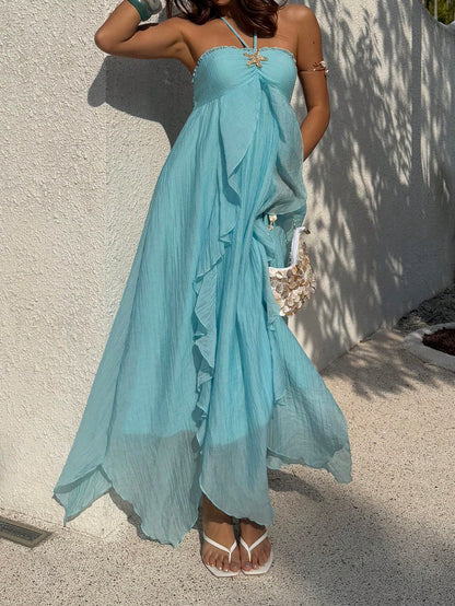 Sunnyshic Women's Light Blue Summer Casual Holiday Vacation Holiday Beach Dress,Metal Starfish Halter Tie Bow Multi-Layer Ruffle Asymmetrical Hem Long Dress