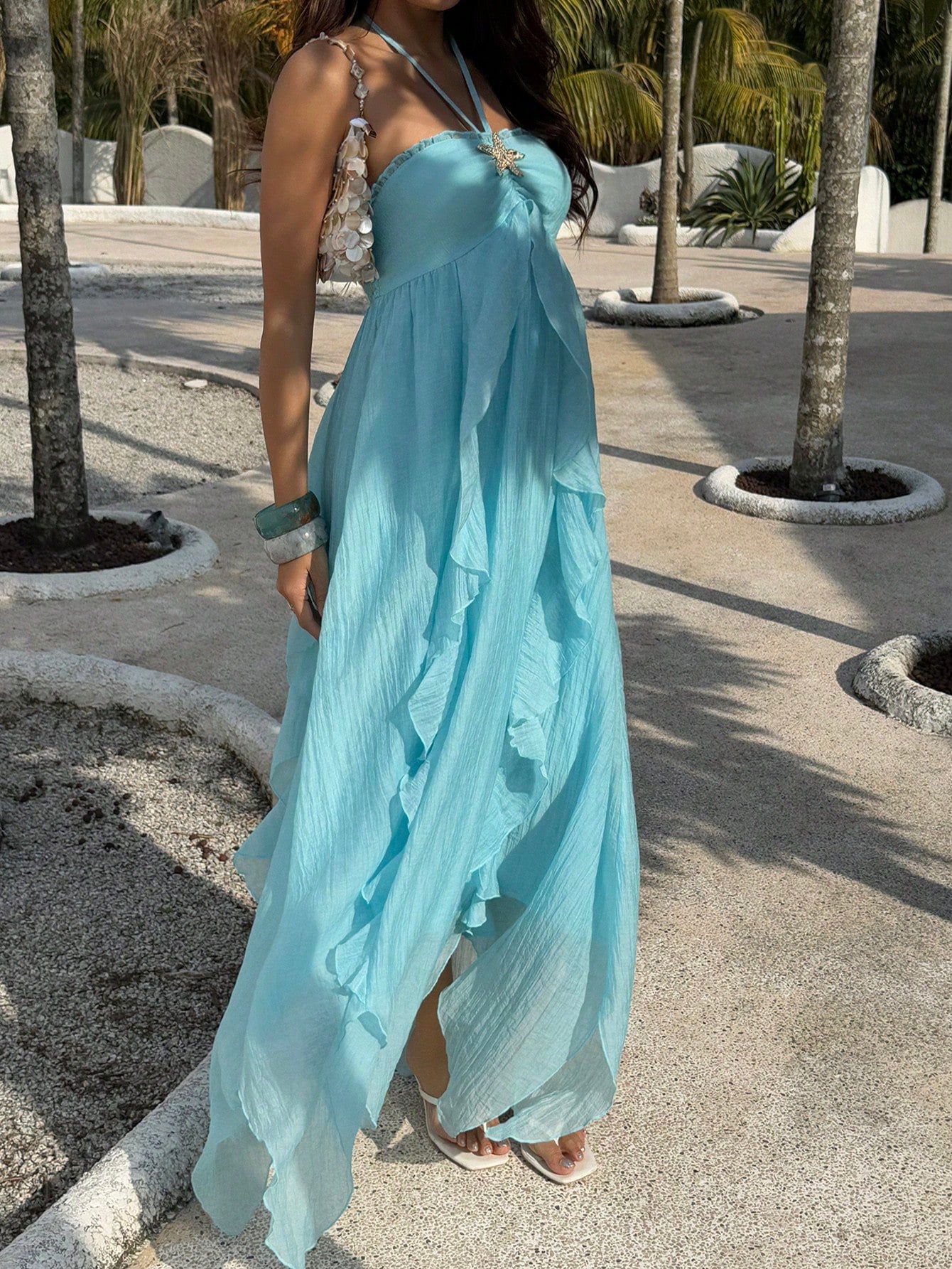 Sunnyshic Women's Light Blue Summer Casual Holiday Vacation Holiday Beach Dress,Metal Starfish Halter Tie Bow Multi-Layer Ruffle Asymmetrical Hem Long Dress