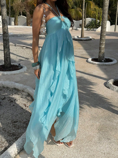 Sunnyshic Women's Light Blue Summer Casual Holiday Vacation Holiday Beach Dress,Metal Starfish Halter Tie Bow Multi-Layer Ruffle Asymmetrical Hem Long Dress