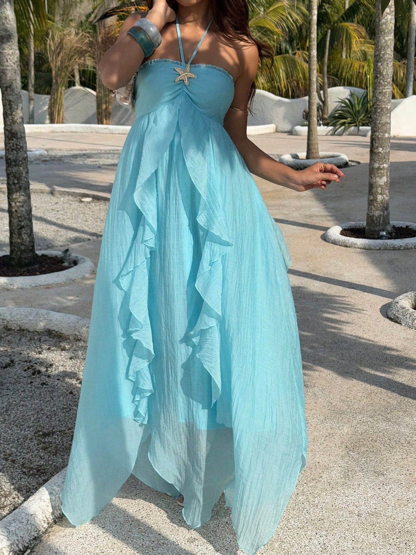 Sunnyshic Women's Light Blue Summer Casual Holiday Vacation Holiday Beach Dress,Metal Starfish Halter Tie Bow Multi-Layer Ruffle Asymmetrical Hem Long Dress