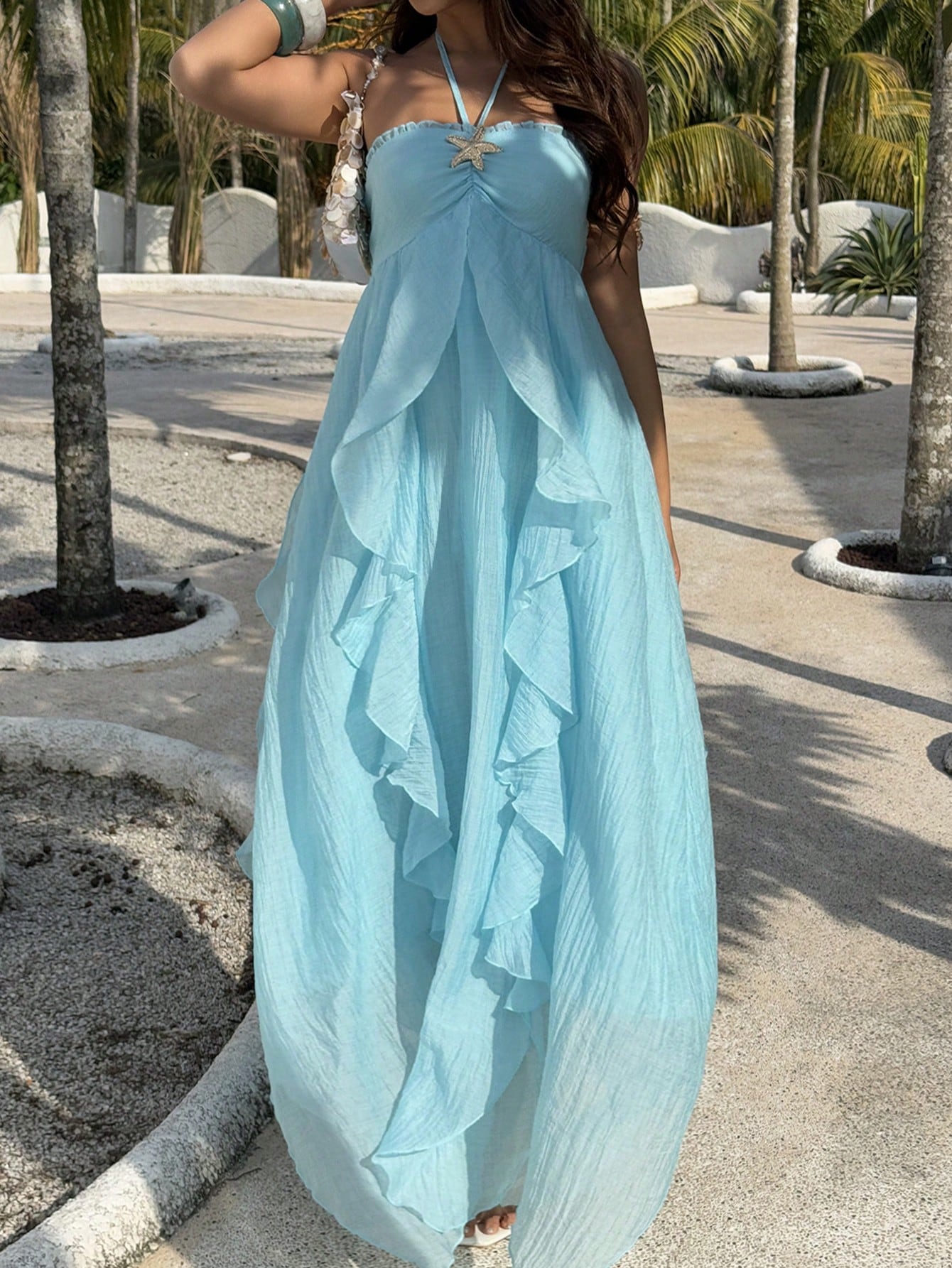 Sunnyshic Women's Light Blue Summer Casual Holiday Vacation Holiday Beach Dress,Metal Starfish Halter Tie Bow Multi-Layer Ruffle Asymmetrical Hem Long Dress