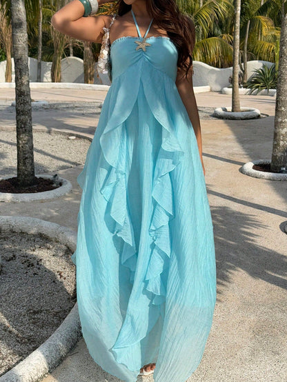 Sunnyshic Women's Light Blue Summer Casual Holiday Vacation Holiday Beach Dress,Metal Starfish Halter Tie Bow Multi-Layer Ruffle Asymmetrical Hem Long Dress