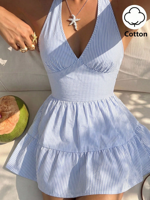 Sunnyshic Women's Spring/Summer Blue & White Striped Cotton Shirred Halter Tie Back Open Back Ruched Waist Ruffle A-Line Mini Dress, Elegant For Commute, Office, Shopping, Dating, Back To School, Coll