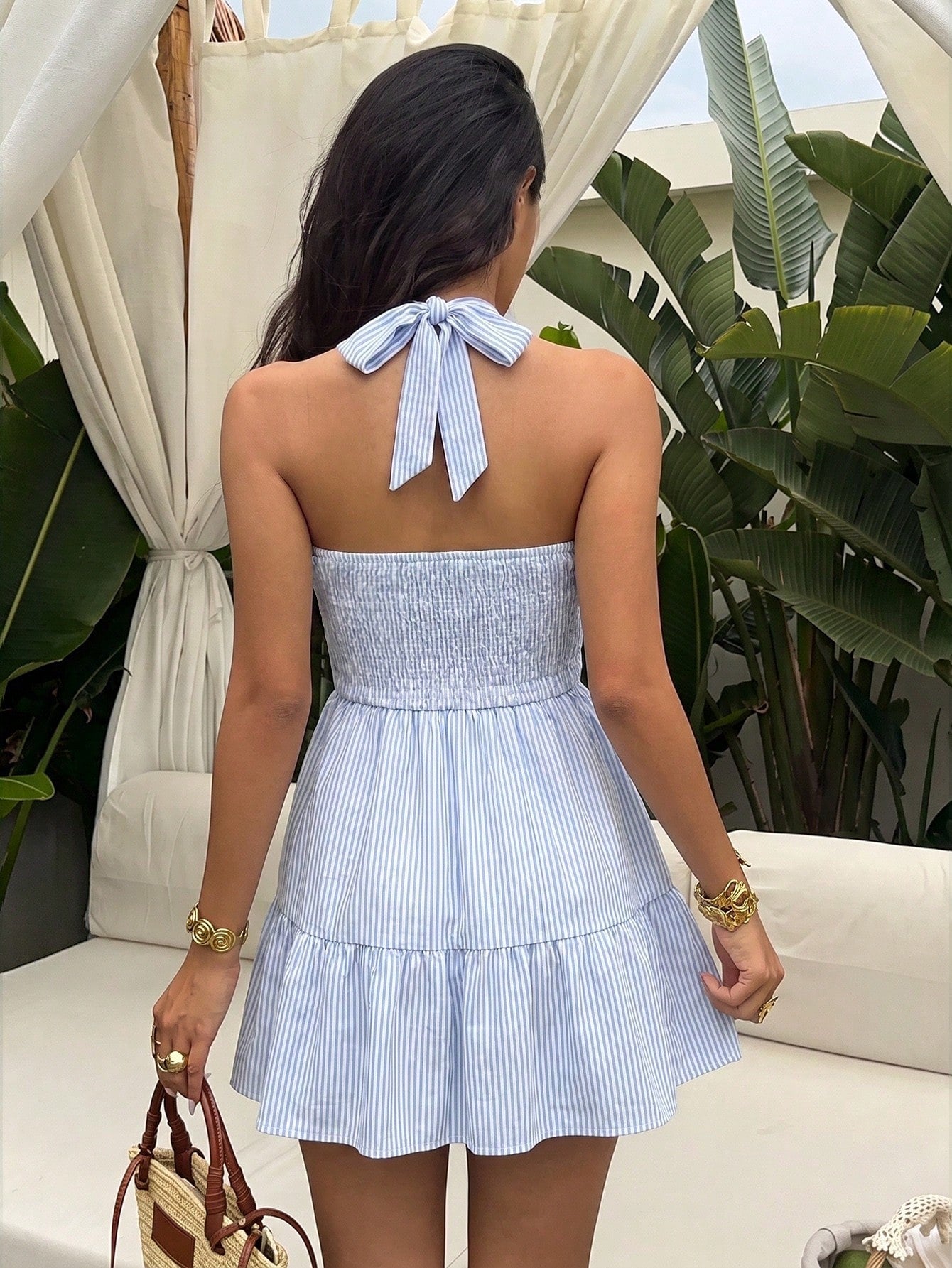 Sunnyshic Women's Spring/Summer Blue & White Striped Cotton Shirred Halter Tie Back Open Back Ruched Waist Ruffle A-Line Mini Dress, Elegant For Commute, Office, Shopping, Dating, Back To School, Coll