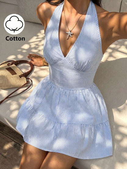 Sunnyshic Women's Spring/Summer Blue & White Striped Cotton Shirred Halter Tie Back Open Back Ruched Waist Ruffle A-Line Mini Dress, Elegant For Commute, Office, Shopping, Dating, Back To School, Coll