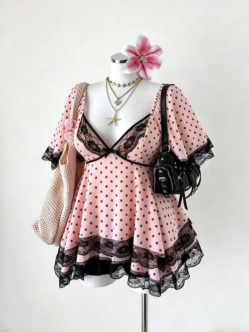 Sunspun New Arrival Sweet Elegant Going Out Tops, Bow Accent, Polka Dot Chiffon Fabric With Lace Trim, Waist Cinching, Flared Hem Blouse