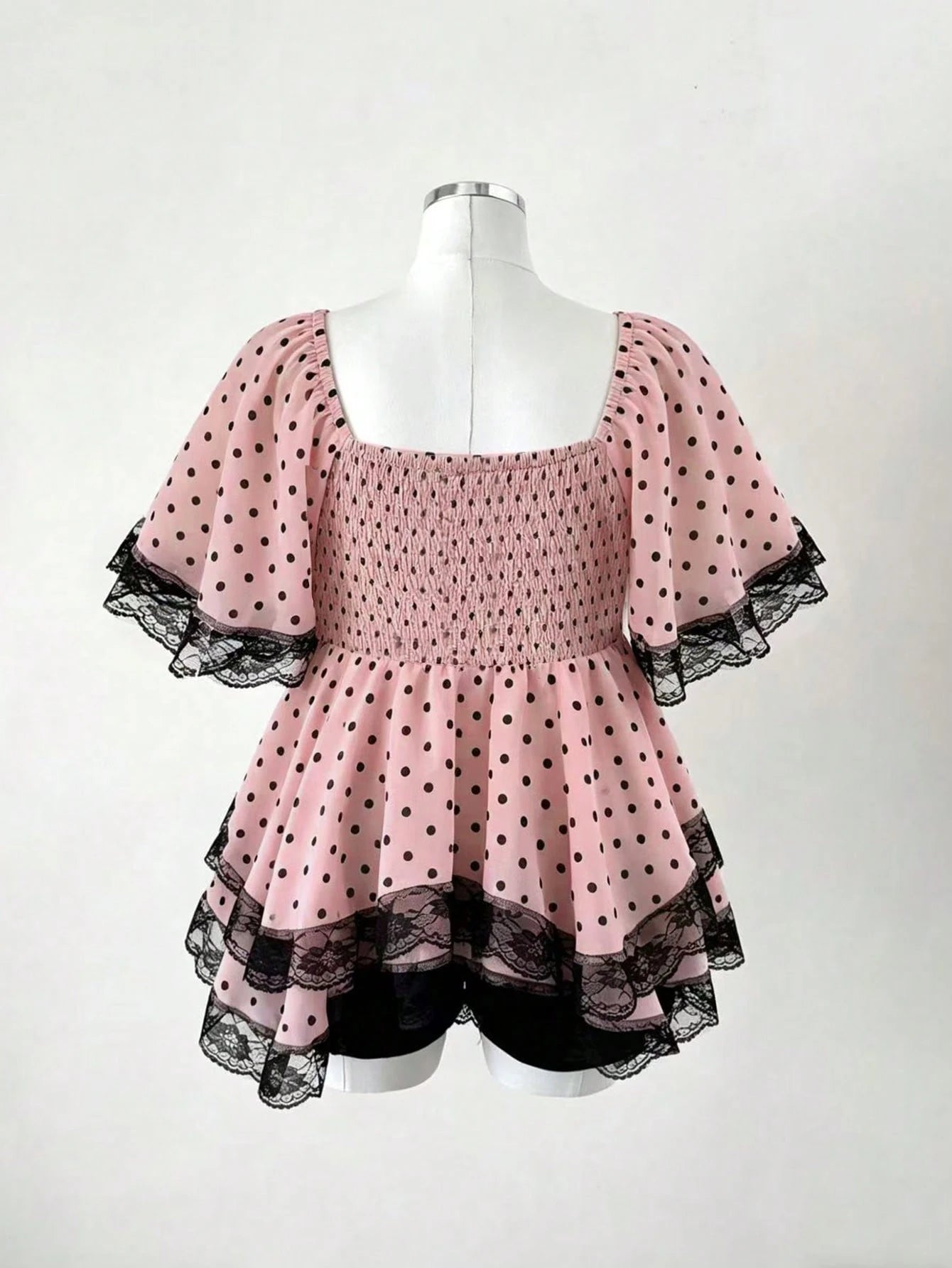 Sunspun New Arrival Sweet Elegant Going Out Tops, Bow Accent, Polka Dot Chiffon Fabric With Lace Trim, Waist Cinching, Flared Hem Blouse