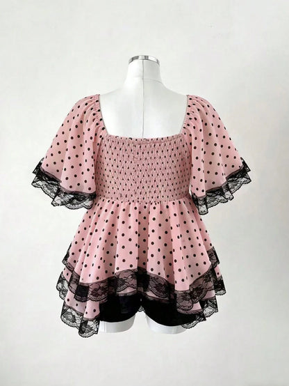Sunspun New Arrival Sweet Elegant Going Out Tops, Bow Accent, Polka Dot Chiffon Fabric With Lace Trim, Waist Cinching, Flared Hem Blouse