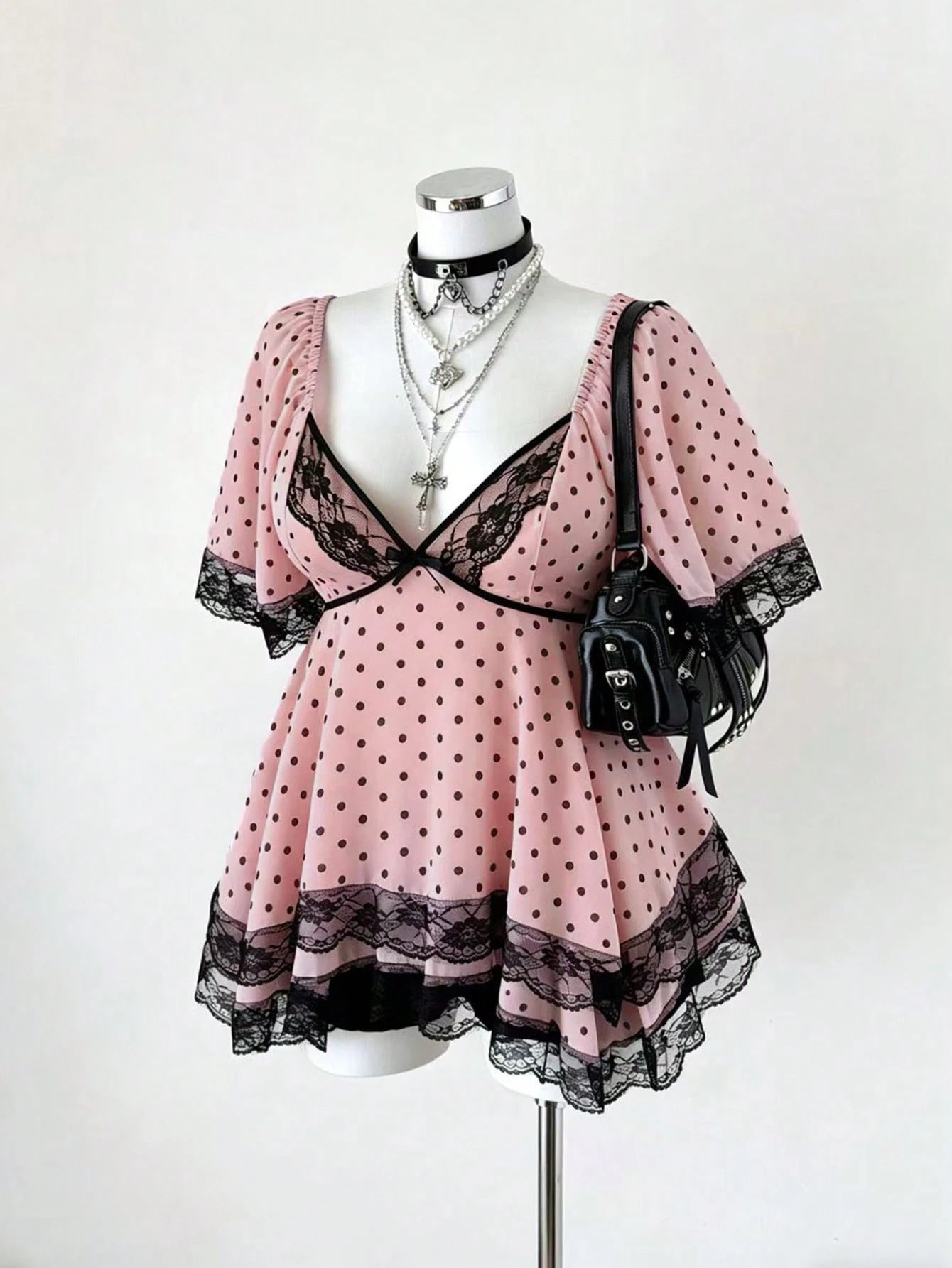 Sunspun New Arrival Sweet Elegant Going Out Tops, Bow Accent, Polka Dot Chiffon Fabric With Lace Trim, Waist Cinching, Flared Hem Blouse