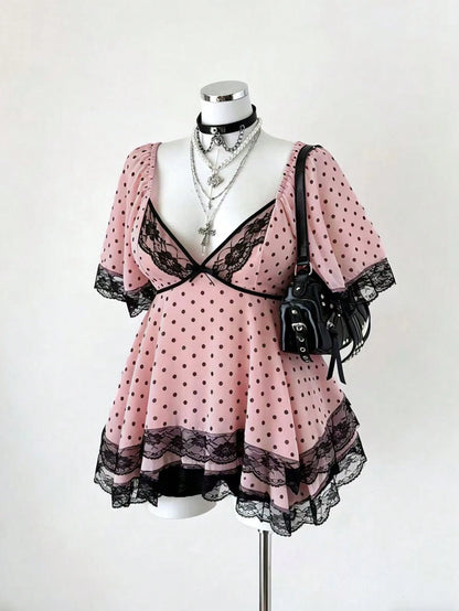 Sunspun New Arrival Sweet Elegant Going Out Tops, Bow Accent, Polka Dot Chiffon Fabric With Lace Trim, Waist Cinching, Flared Hem Blouse