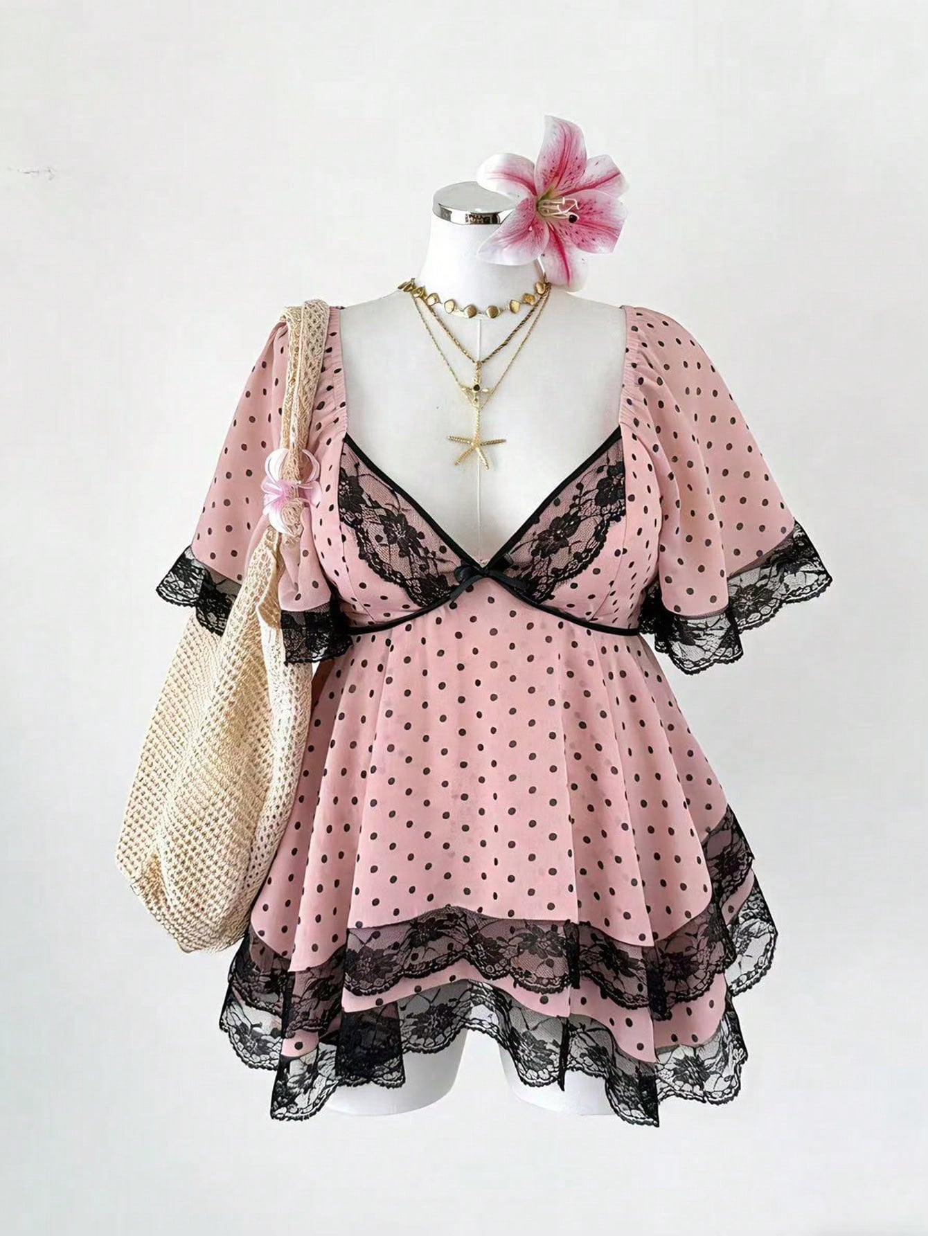 Sunspun New Arrival Sweet Elegant Going Out Tops, Bow Accent, Polka Dot Chiffon Fabric With Lace Trim, Waist Cinching, Flared Hem Blouse