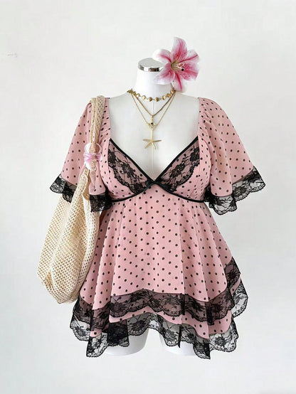 Sunspun New Arrival Sweet Elegant Going Out Tops, Bow Accent, Polka Dot Chiffon Fabric With Lace Trim, Waist Cinching, Flared Hem Blouse