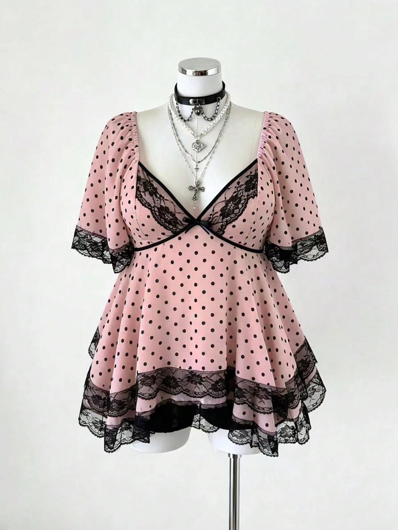 Sunspun New Arrival Sweet Elegant Going Out Tops, Bow Accent, Polka Dot Chiffon Fabric With Lace Trim, Waist Cinching, Flared Hem Blouse