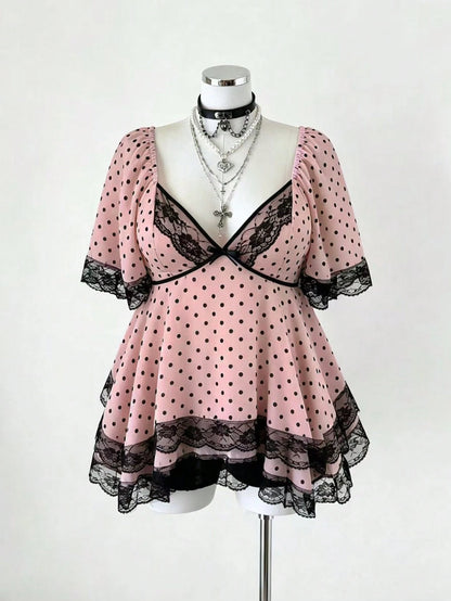 Sunspun New Arrival Sweet Elegant Going Out Tops, Bow Accent, Polka Dot Chiffon Fabric With Lace Trim, Waist Cinching, Flared Hem Blouse