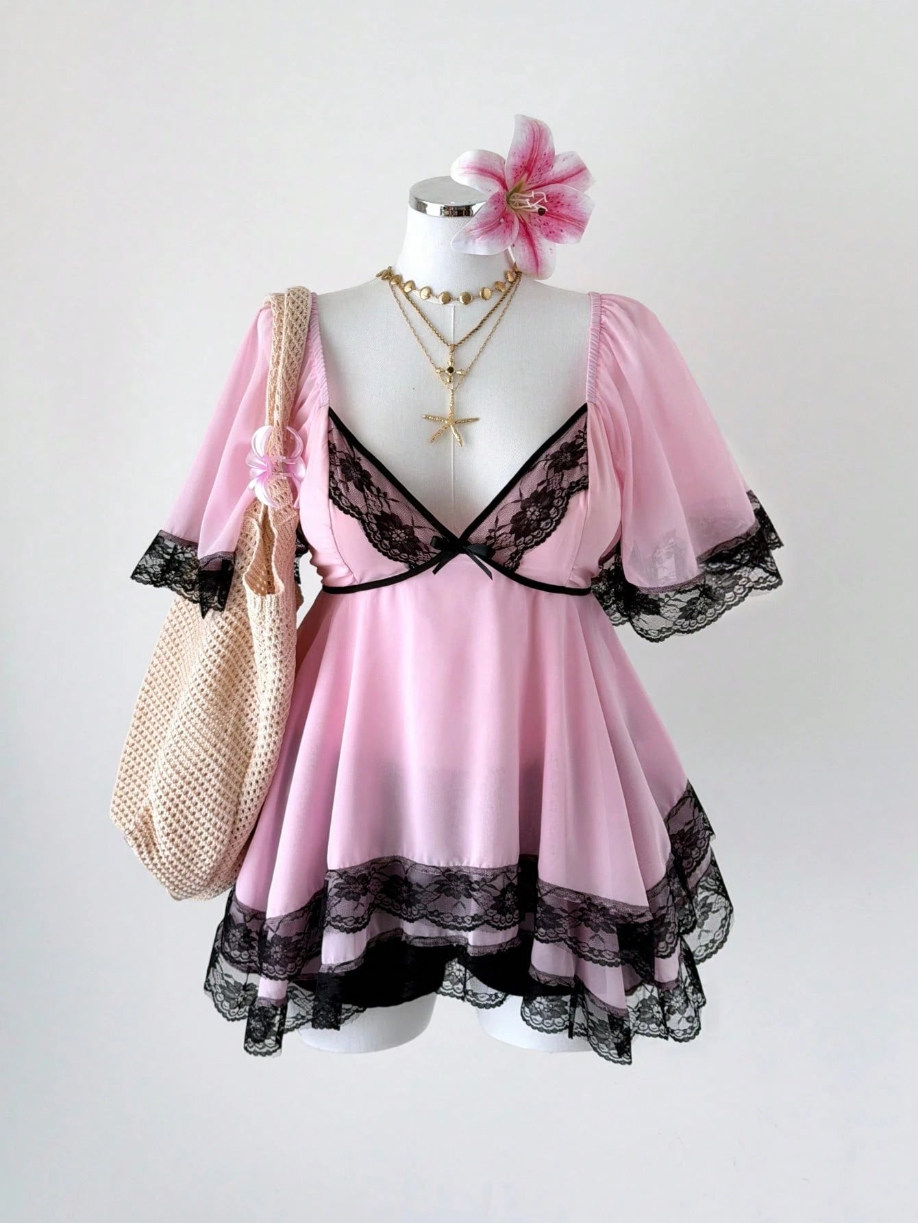 Sunspun New Arrival Sweet Elegant Going Out Tops, Bow Accent, Polka Dot Chiffon Fabric With Lace Trim, Waist Cinching, Flared Hem Blouse