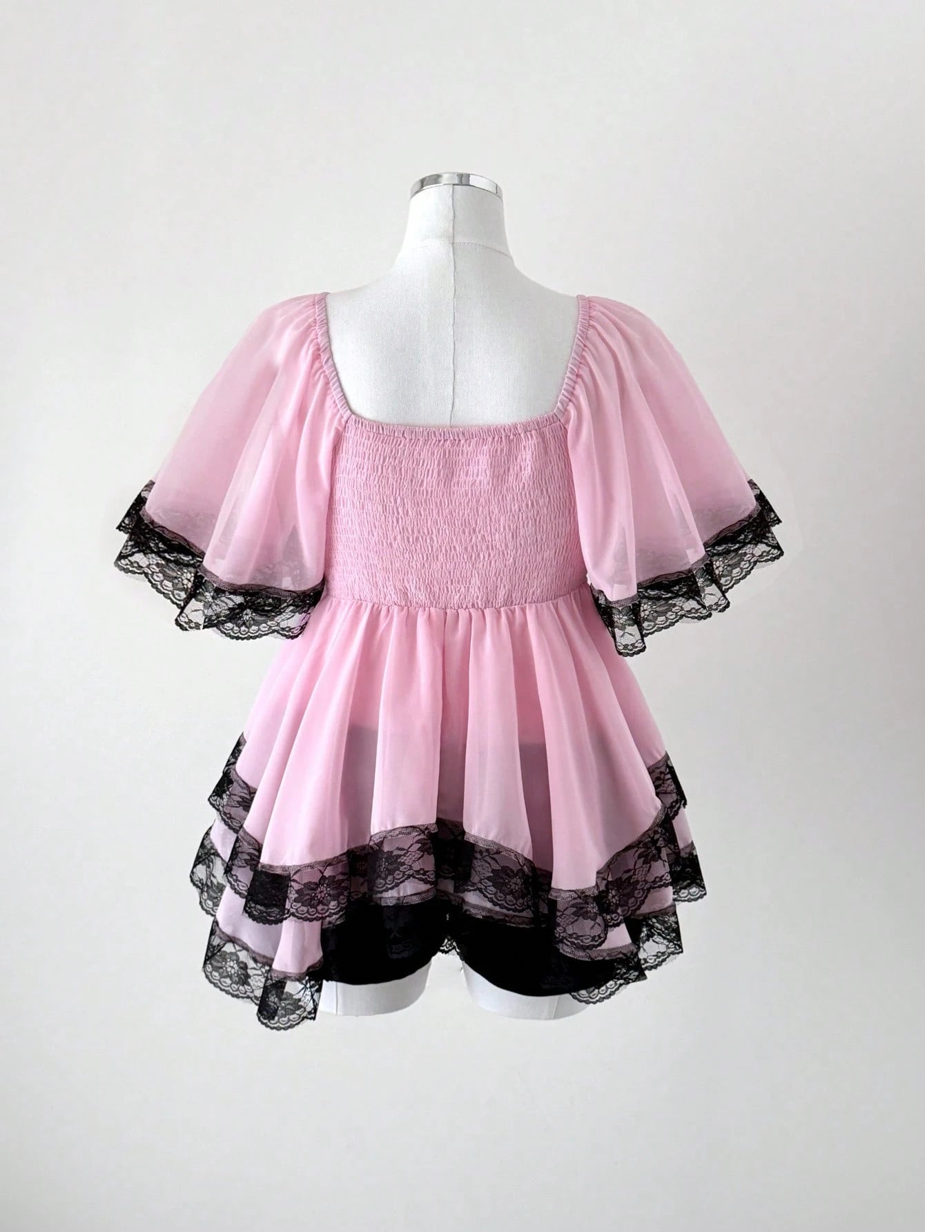 Sunspun New Arrival Sweet Elegant Going Out Tops, Bow Accent, Polka Dot Chiffon Fabric With Lace Trim, Waist Cinching, Flared Hem Blouse