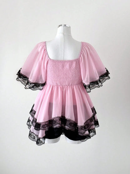 Sunspun New Arrival Sweet Elegant Going Out Tops, Bow Accent, Polka Dot Chiffon Fabric With Lace Trim, Waist Cinching, Flared Hem Blouse