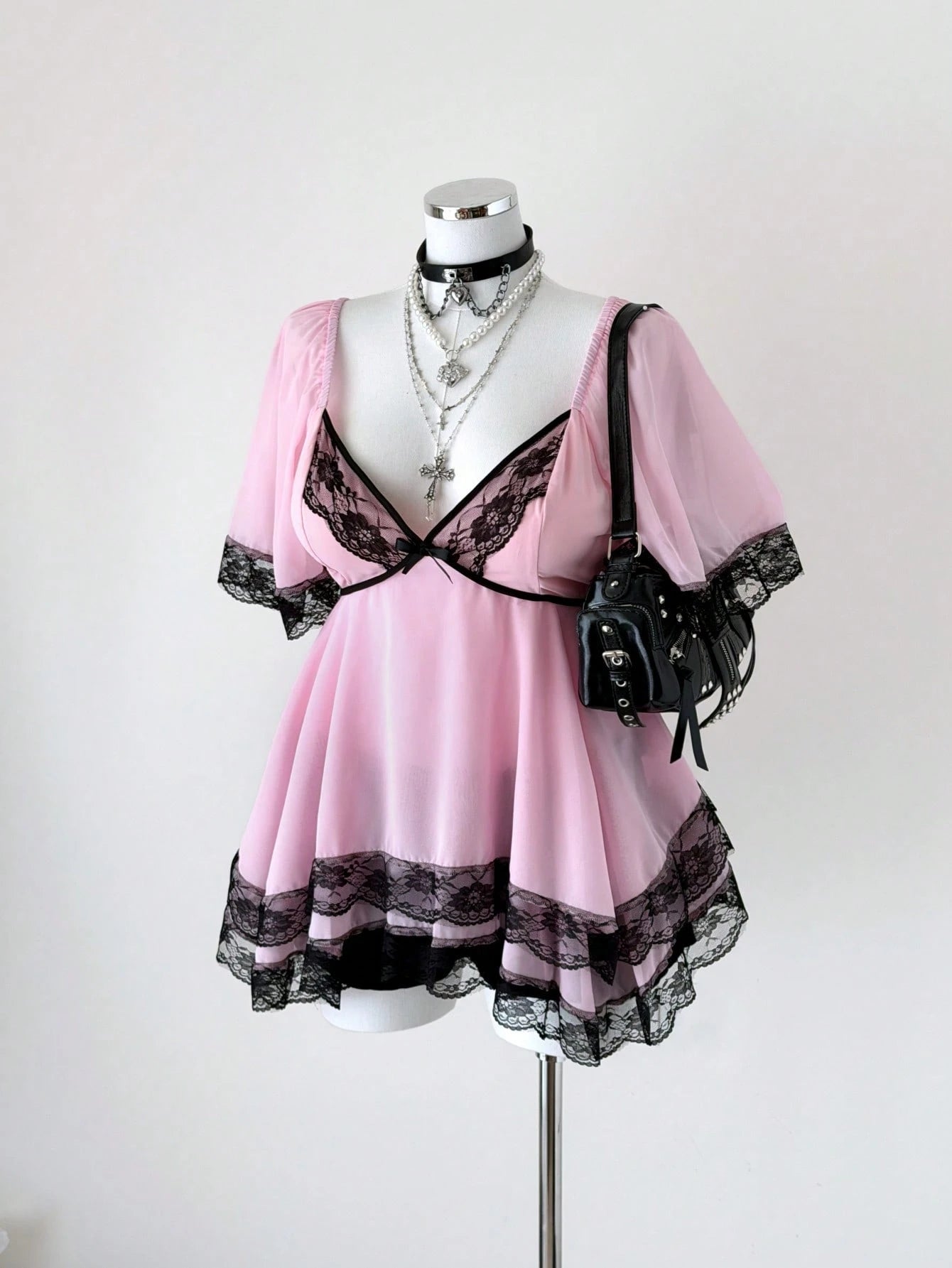 Sunspun New Arrival Sweet Elegant Going Out Tops, Bow Accent, Polka Dot Chiffon Fabric With Lace Trim, Waist Cinching, Flared Hem Blouse