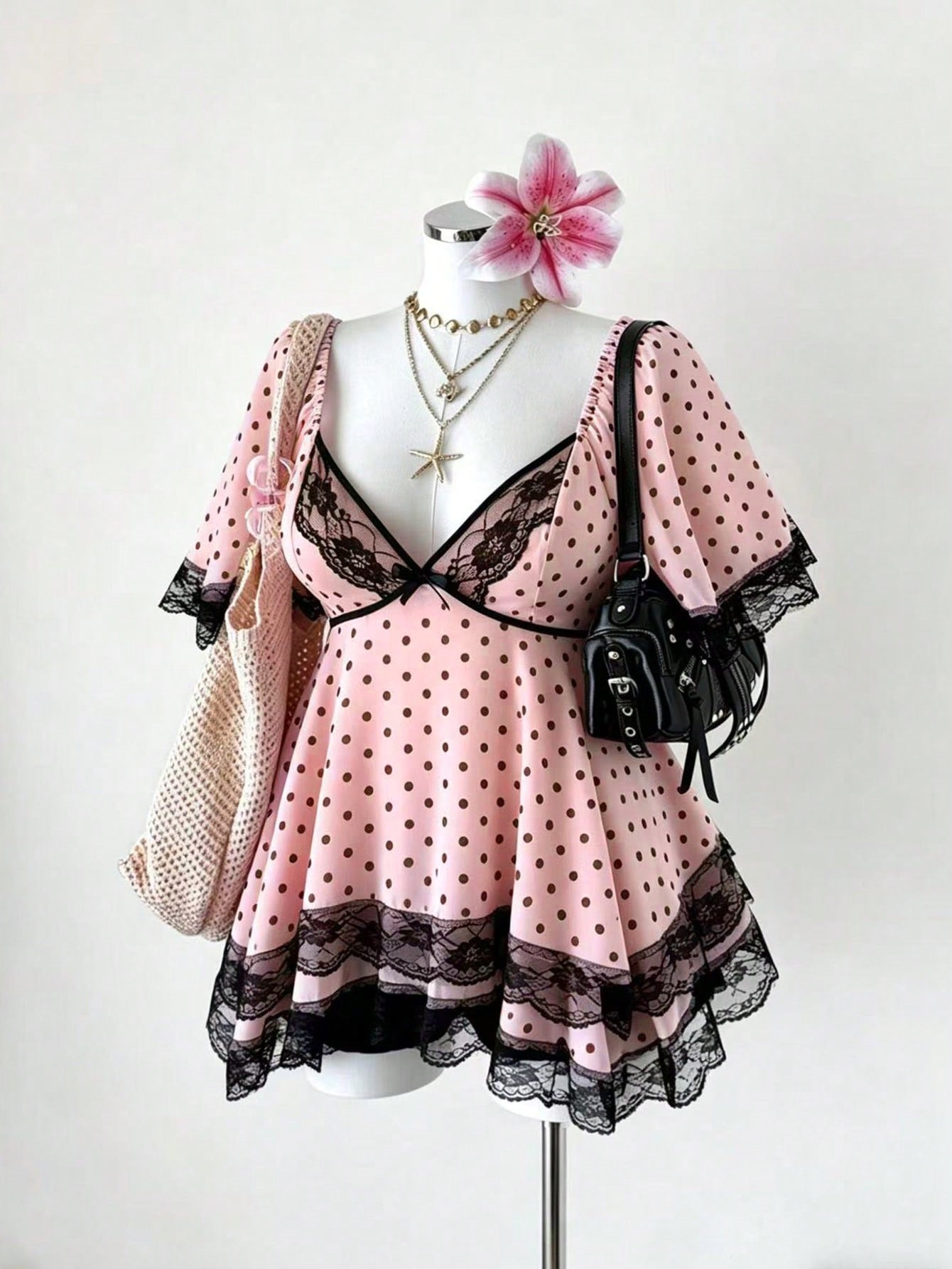 Sunspun New Arrival Sweet Elegant Going Out Tops, Bow Accent, Polka Dot Chiffon Fabric With Lace Trim, Waist Cinching, Flared Hem Blouse