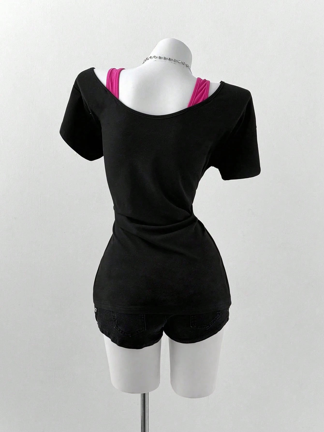 Sunspun Plus Size Oblique Shoulder 2 In 1 Skull Print Contrast Color Long Sleeve T-Shirt