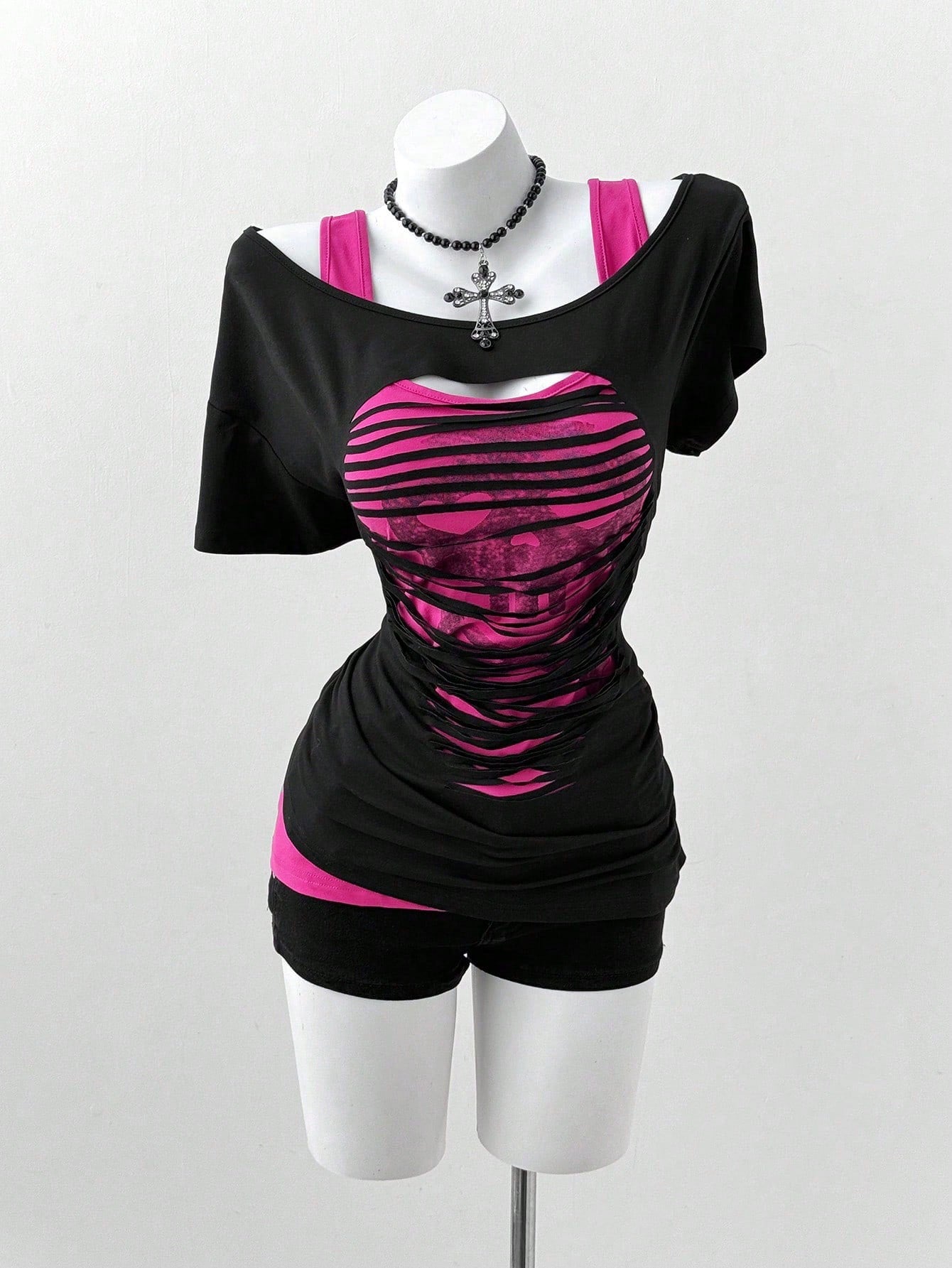Sunspun Plus Size Oblique Shoulder 2 In 1 Skull Print Contrast Color Long Sleeve T-Shirt