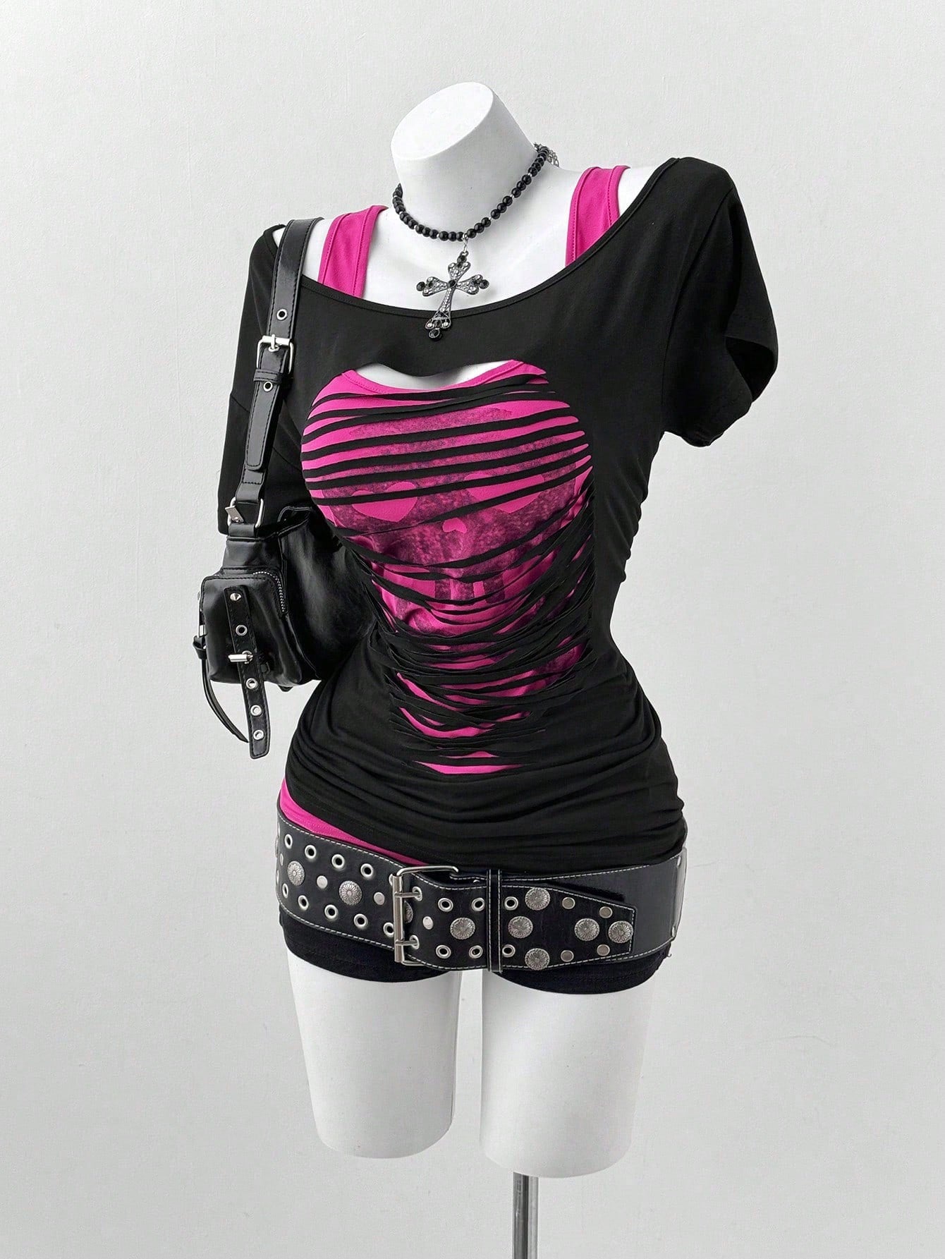 Sunspun Plus Size Oblique Shoulder 2 In 1 Skull Print Contrast Color Long Sleeve T-Shirt