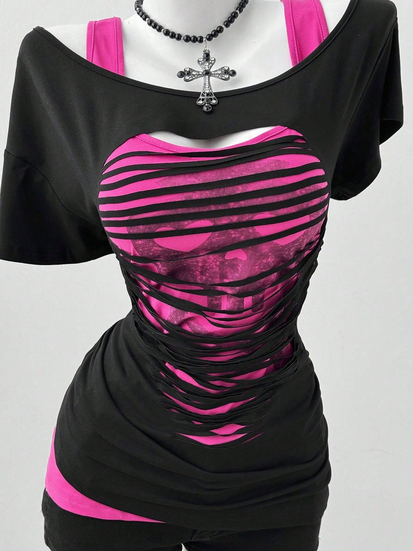 Sunspun Plus Size Oblique Shoulder 2 In 1 Skull Print Contrast Color Long Sleeve T-Shirt