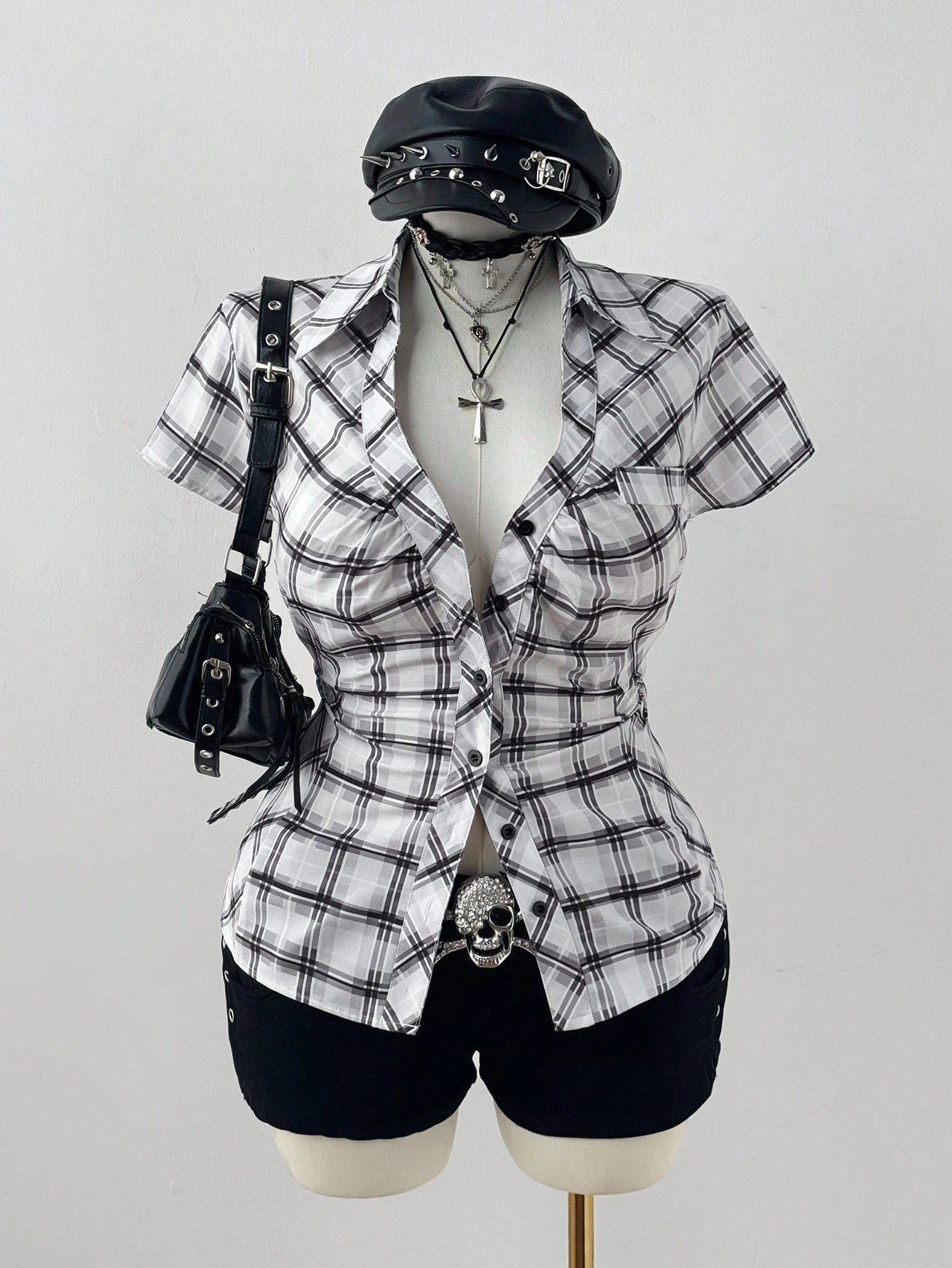 Sunspun Plus Size Plaid Short Sleeve Cinched Waist Casual Shirt