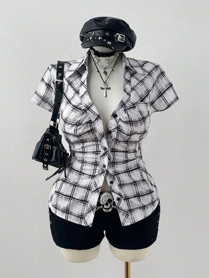 Sunspun Plus Size Plaid Short Sleeve Cinched Waist Casual Shirt