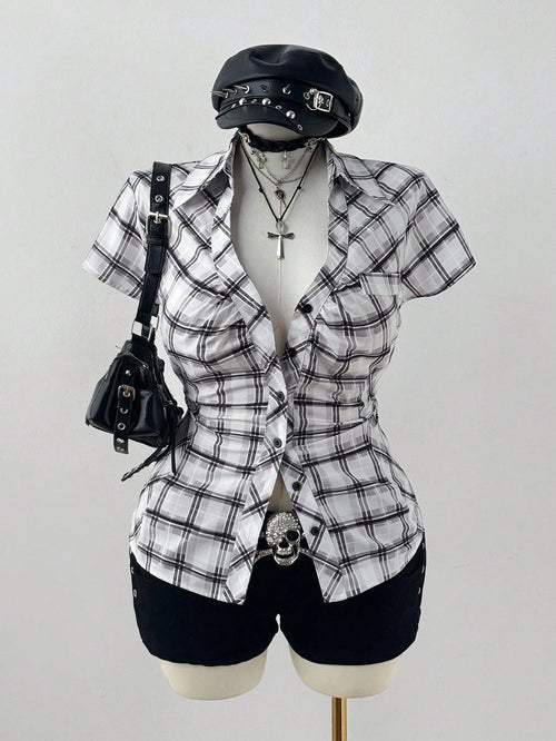 Sunspun Plus Size Plaid Short Sleeve Cinched Waist Casual Shirt