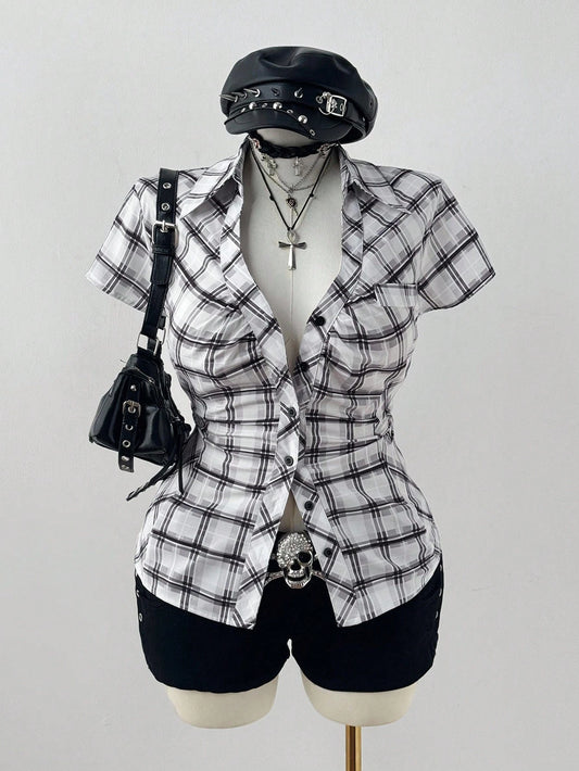 Sunspun Plus Size Plaid Short Sleeve Cinched Waist Casual Shirt