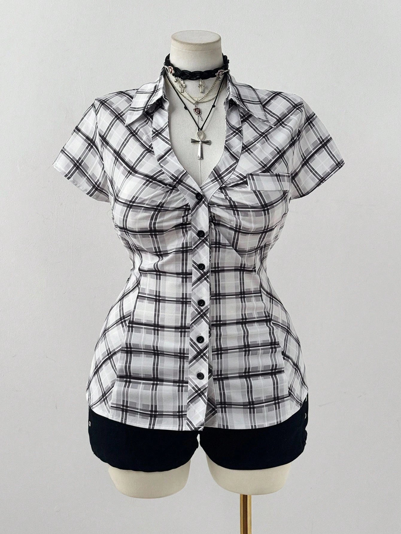 Sunspun Plus Size Plaid Short Sleeve Cinched Waist Casual Shirt