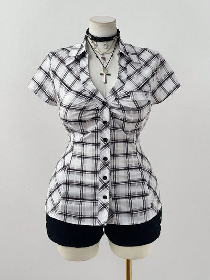 Sunspun Plus Size Plaid Short Sleeve Cinched Waist Casual Shirt