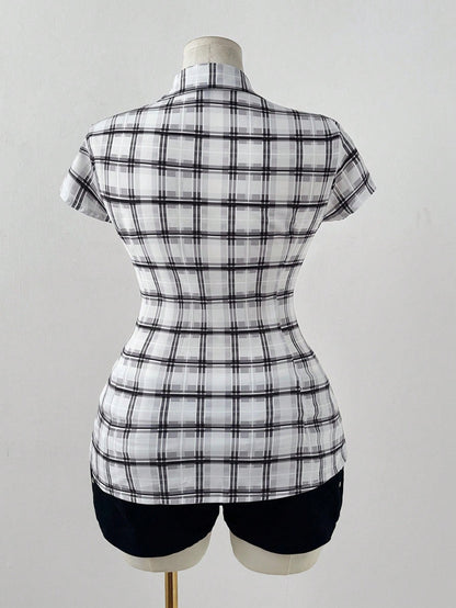 Sunspun Plus Size Plaid Short Sleeve Cinched Waist Casual Shirt